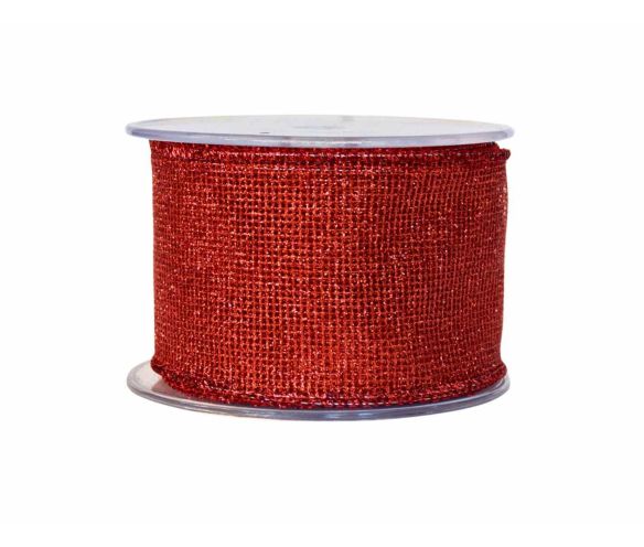 Ruban rouge maillé avec paillettes et effet irisé. Largeur 7cm, longueur 9m. Bords renforcés avec du fil métallique.