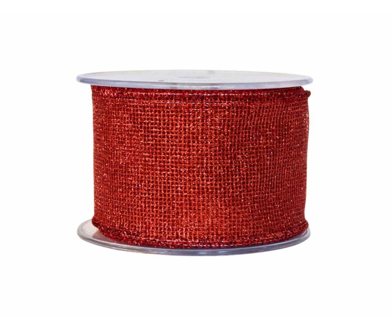 Ruban rouge maillé avec paillettes et effet irisé. Largeur 7cm, longueur 9m. Bords renforcés avec du fil métallique.