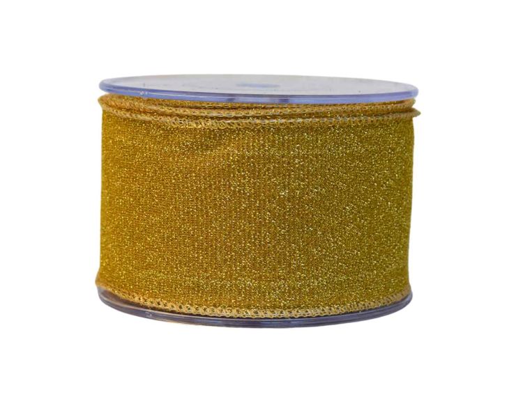 Ruban en lurex doré scintillant. Largeur 7cm, longueur 9m. Parfait pour une décoration lumineuse et festive. Bords métalliques.