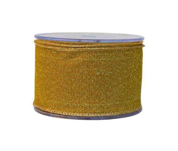 Ruban en lurex doré scintillant. Largeur 7cm, longueur 9m. Parfait pour une décoration lumineuse et festive. Bords métalliques.