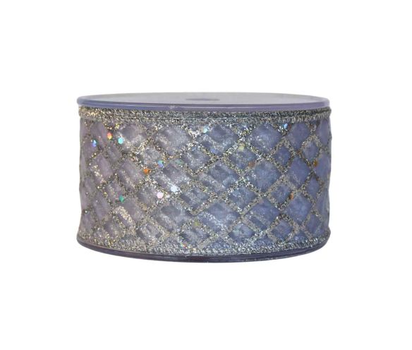 Ruban de Noël argenté décoré de strass brillants. Largeur 6cm, longueur 9m. Parfait pour une déco lumineuse et élégante.