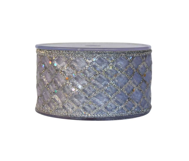 Ruban de Noël argenté décoré de strass brillants. Largeur 6cm, longueur 9m. Parfait pour une déco lumineuse et élégante.