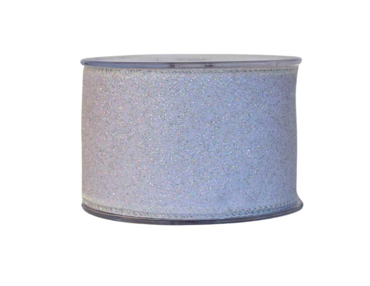 Ruban blanc effet irisé scintillant, bordure renforcée. Largeur 7cm, longueur 9m.