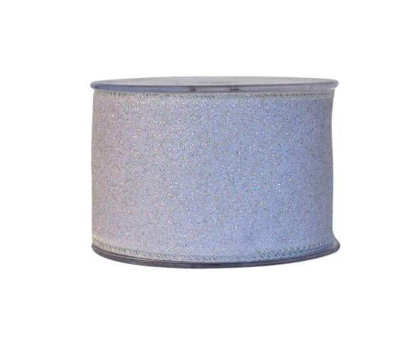 Ruban blanc effet irisé scintillant, bordure renforcée. Largeur 7cm, longueur 9m.