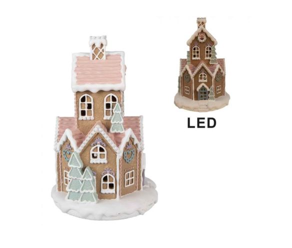 Maison pain d'épices rose pastel LED enneigée détails sapins cœurs H32cm décoration Noël