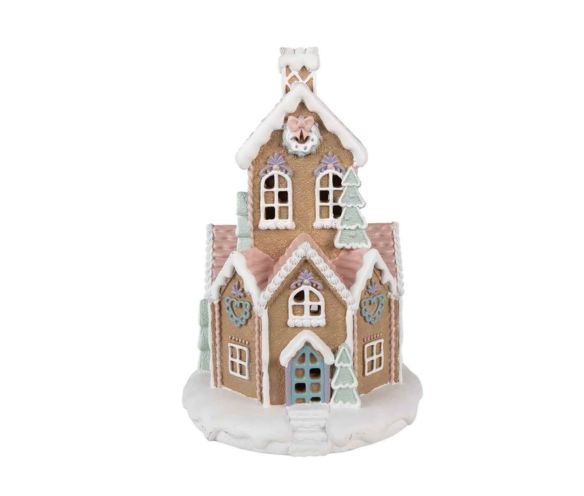 Maison pain d'épices rose pastel LED enneigée détails sapins cœurs H32cm décoration Noël