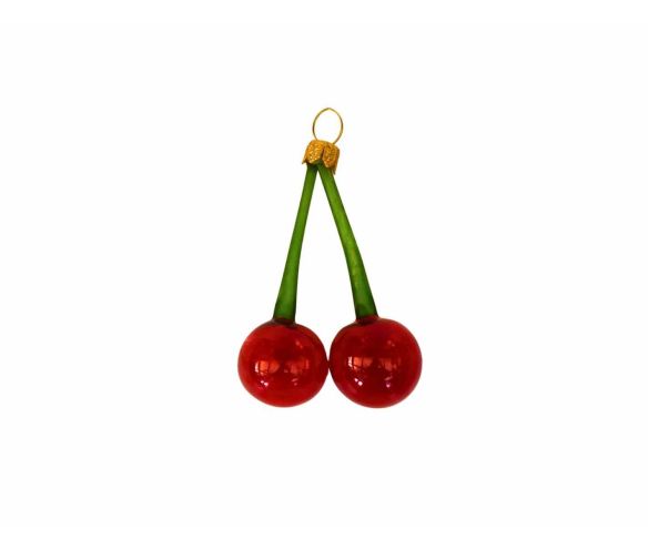 Suspension de Noël double cerise rouge brillante tiges vertes peinte à la main H8cm