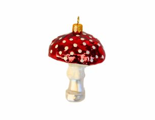 Suspension en forme de champignon rouge à pois blancs en verre soufflé. Hauteur 9 cm.