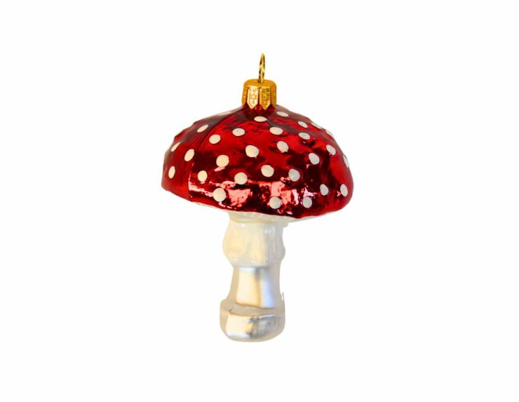 Suspension en forme de champignon rouge à pois blancs en verre soufflé. Hauteur 9 cm.