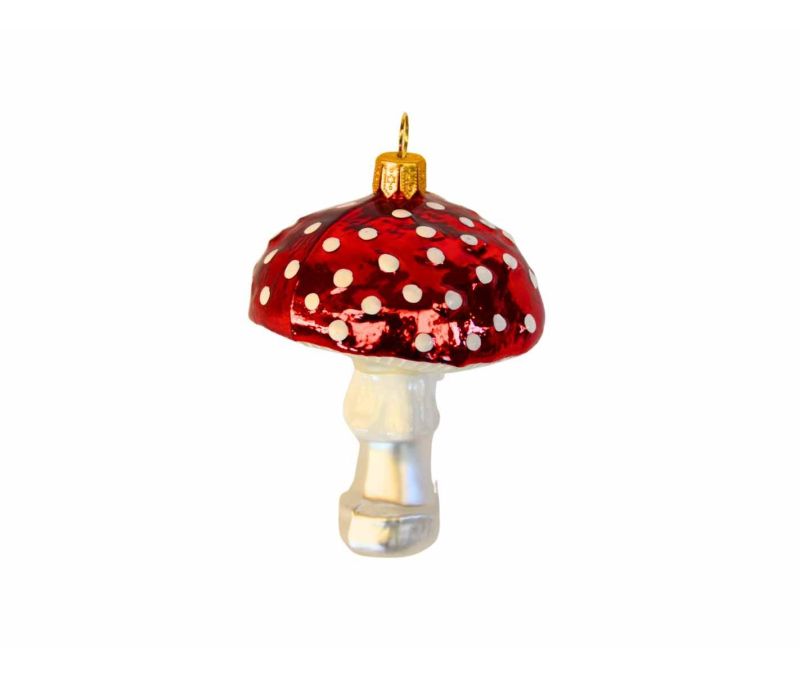 Suspension en forme de champignon rouge à pois blancs en verre soufflé. Hauteur 9 cm.