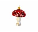 Voir la slide Suspension en forme de champignon rouge à pois blancs en verre soufflé. Hauteur 9 cm.