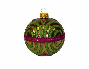 Boule de Noël en verre vert décorée de motifs pailletés roses et verts. Diamètre 8 cm.