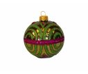 Voir la slide Boule de Noël en verre vert décorée de motifs pailletés roses et verts. Diamètre 8 cm.