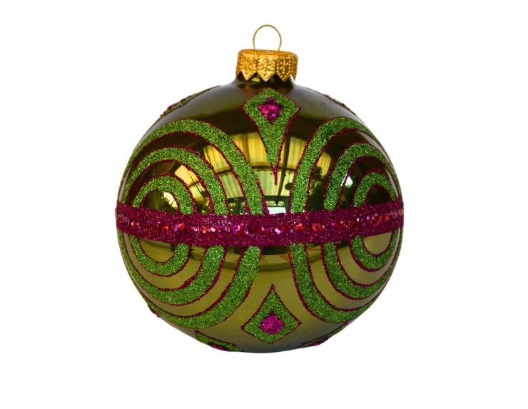 Boule de Noël verte et fuchsia pailletée 10 cm