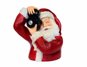 Décoration de Noël Père Noël en résine tenant un appareil photo, hauteur 22 cm.