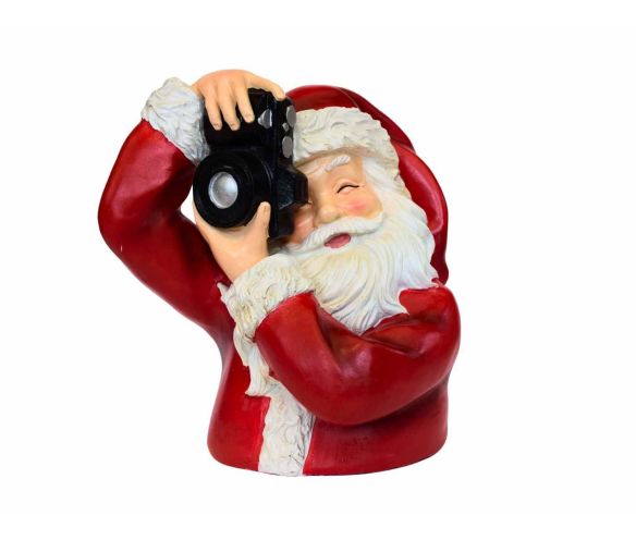 Décoration de Noël Père Noël en résine tenant un appareil photo, hauteur 22 cm.