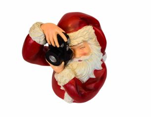 Décoration de Noël Père Noël en résine tenant un appareil photo, hauteur 22 cm.