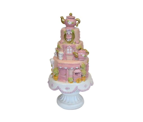 Gâteau décoratif rose sur pied théière sucrier dorés détails féeriques H27cm décoration Noël