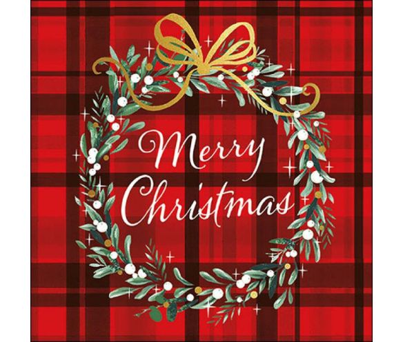 Serviette papier Noël fond tartan rouge couronne feuillage nœud doré inscription Merry Christmas blanc 33x33cm