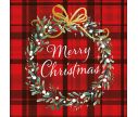Voir la slide Serviette papier Noël fond tartan rouge couronne feuillage nœud doré inscription Merry Christmas blanc 33x33cm