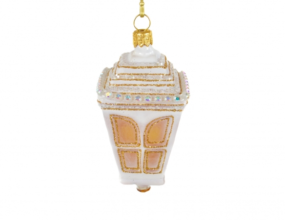 Suspension lanterne blanc et doré et en verre soufflé décoré main pour sapin de Noël. Hauteur 10cm