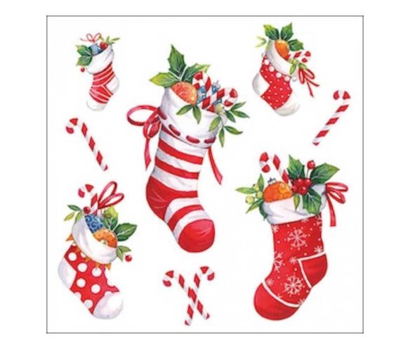 Serviette papier Noël chaussettes rouges blanches sucres d'orge houx rubans fond blanc 33x33cm