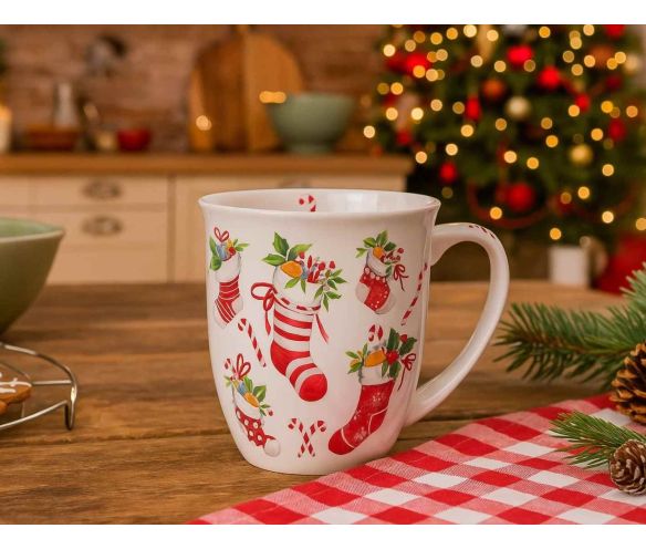 Mug porcelaine blanc Noël chaussettes rouges friandises cadeaux sucre d'orge 400ml