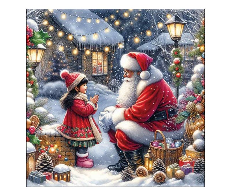 Serviette papier Noël Père Noël fillette décor enneigé guirlandes lumineuses cadeaux pommes pin 33x33cm