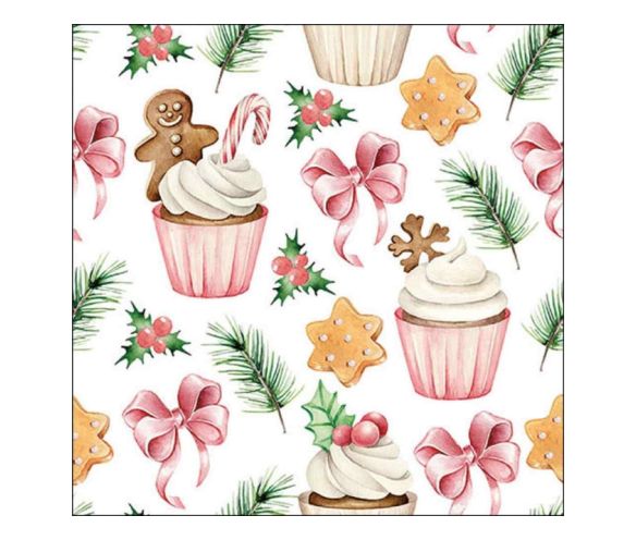 Serviette papier Noël aquarelle cupcakes roses biscuits étoiles nœuds roses branches sapin houx 33x33cm