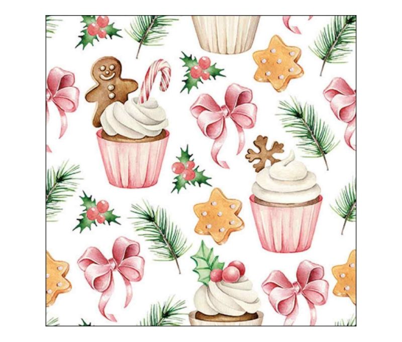 Serviette papier Noël aquarelle cupcakes roses biscuits étoiles nœuds roses branches sapin houx 33x33cm