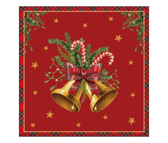 Serviette papier Noël fond rouge cloches dorées ruban écossais sucres d'orge gui étoiles dorées bordure 33x33cm