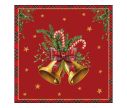 Voir la slide Serviette papier Noël fond rouge cloches dorées ruban écossais sucres d'orge gui étoiles dorées bordure 33x33cm