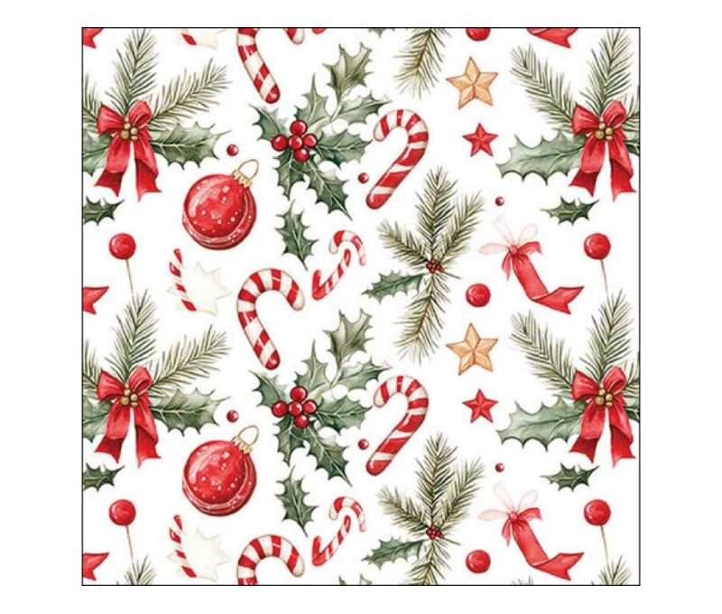 Serviette papier Noël sucres d'orge houx boules rouges rubans nœuds branches sapin étoiles 33x33cm