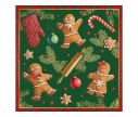 Voir la slide Serviette papier Noël fond vert bonhommes pain d'épices cannes sucre rouleau moufle écossaise branches sapin bordure 33x33cm