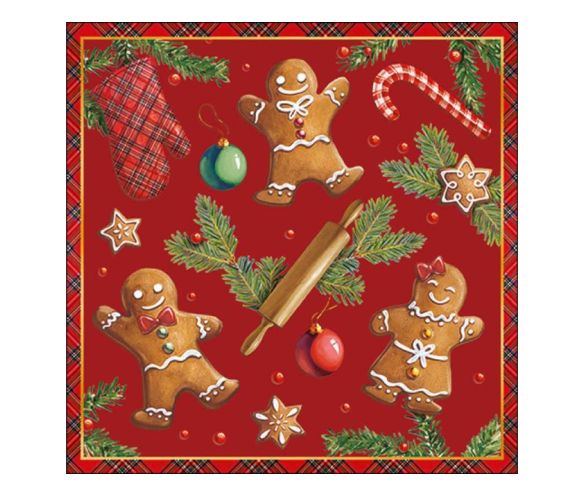 Serviette papier Noël fond rouge bonhommes pain d'épices cannes sucre rouleau moufle écossaise branches sapin bordure 33x33cm
