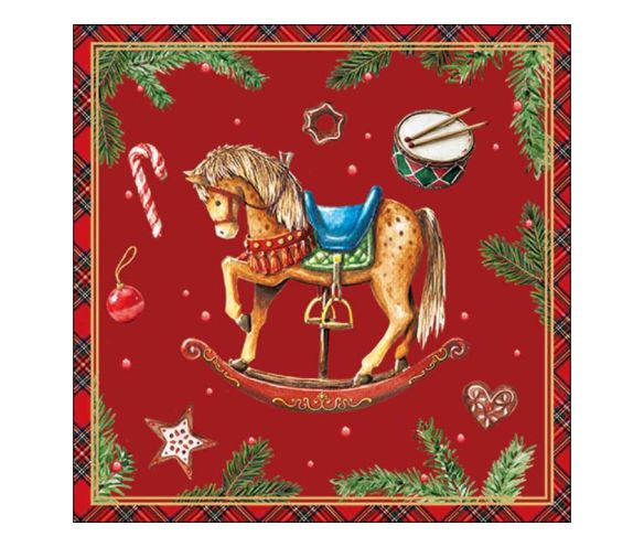 Serviette papier Noël fond rouge cheval à bascule tambour cannes sucre branches sapin biscuits bordure écossaise 33x33cm