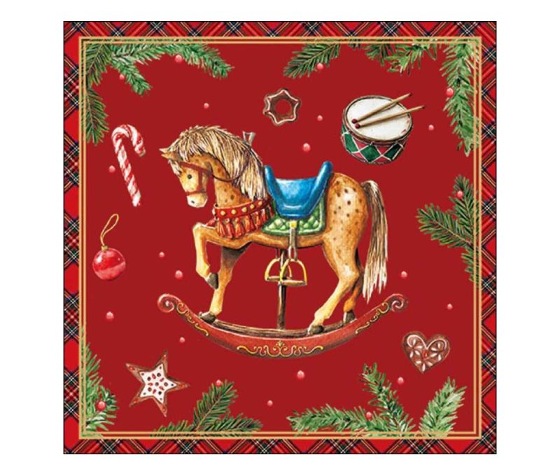 Serviette papier Noël fond rouge cheval à bascule tambour cannes sucre branches sapin biscuits bordure écossaise 33x33cm