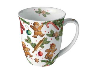 Mug en porcelaine 0,4 L décoré de bonshommes pain d’épices, sucres d’orge et sapins.