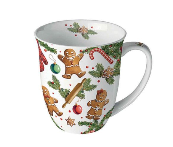 Mug porcelaine blanc Noël bonhommes pain d'épices sucre d'orge sapins biscuits 400ml