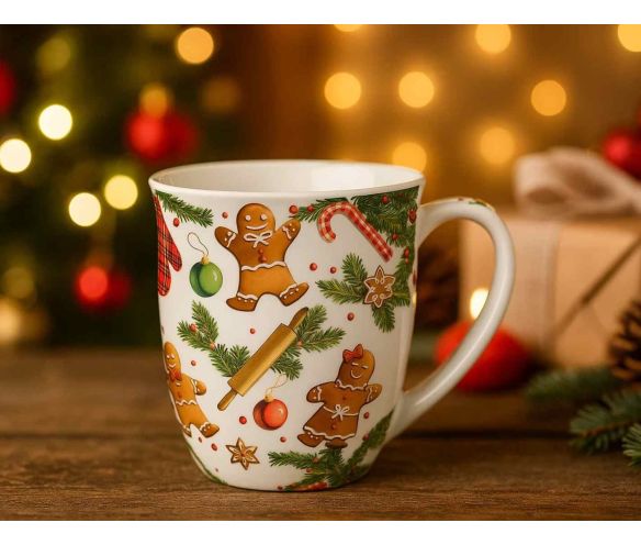 Mug en porcelaine 0,4 L décoré de bonshommes pain d’épices, sucres d’orge et sapins.