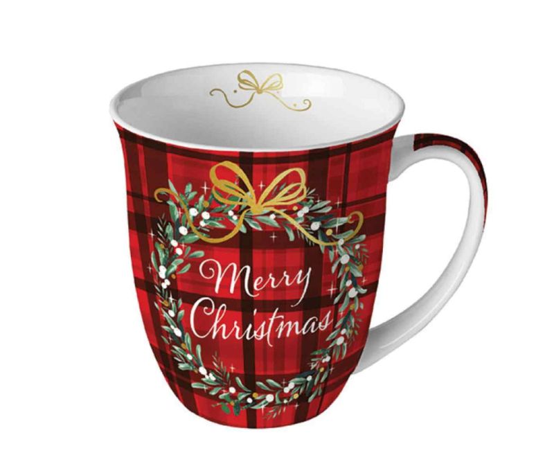 Mug porcelaine rouge tartan couronne Noël inscription Merry Christmas 400ml
