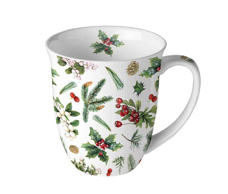 Mug porcelaine blanc Noël motif houx baies rouges branches sapin pommes de pin 400ml