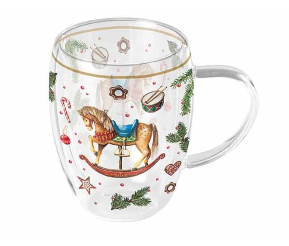 Tasse verre double paroi Noël cheval à bascule vintage branches sapin motifs festifs 350ml