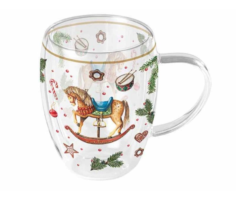 Tasse verre double paroi Noël cheval à bascule vintage branches sapin motifs festifs 350ml