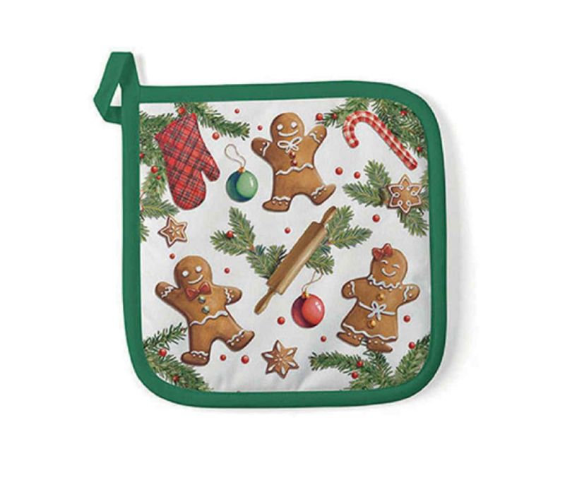 Manique coton blanc bordure verte bonhommes pain d'épices sapin cannes sucre boules rouleau 20x20cm