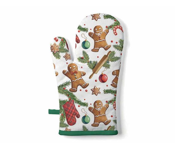 Gant cuisine coton blanc motifs bonhommes pain d'épices sapin cannes sucre boules Noël 18x30cm