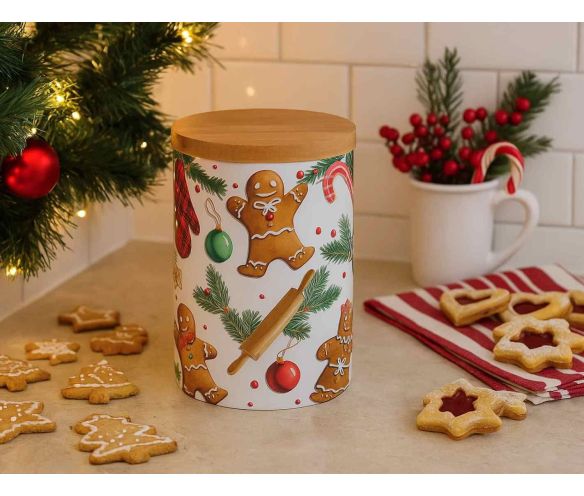 Pot porcelaine blanc couvercle bambou décor bonhommes pain d'épices sapin boules Noël cannes sucre H14cm