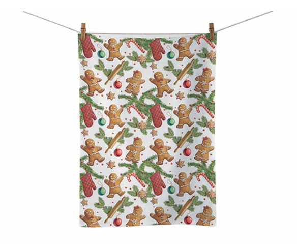 Essuie coton blanc motifs bonhommes pain d'épices cannes sucre sapin boules rouges moufles écossaises 50x70cm