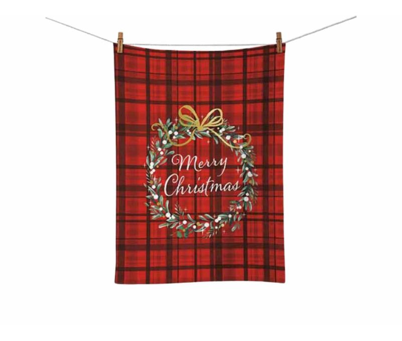 Essuie coton tartan rouge couronne Noël inscription Merry Christmas nœud doré 50x70cm