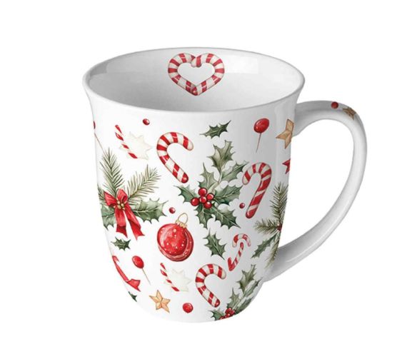 Mug porcelaine blanc Noël sucres d'orge houx boules rouges étoiles dorées 400ml